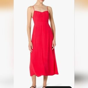 Red Spaghetti-Strap Midi Dress with Gathered Bodice